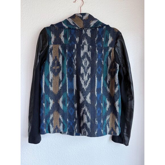 Ella Moss Faux Leather Sleeve Woven Blanket Boho Moto Jacket Ikat Aztec Navajo S - Picture 3 of 12